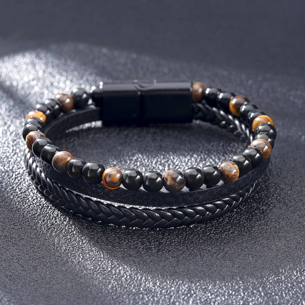 Gemstone Men's Leather Bracelets - Tigers Eye