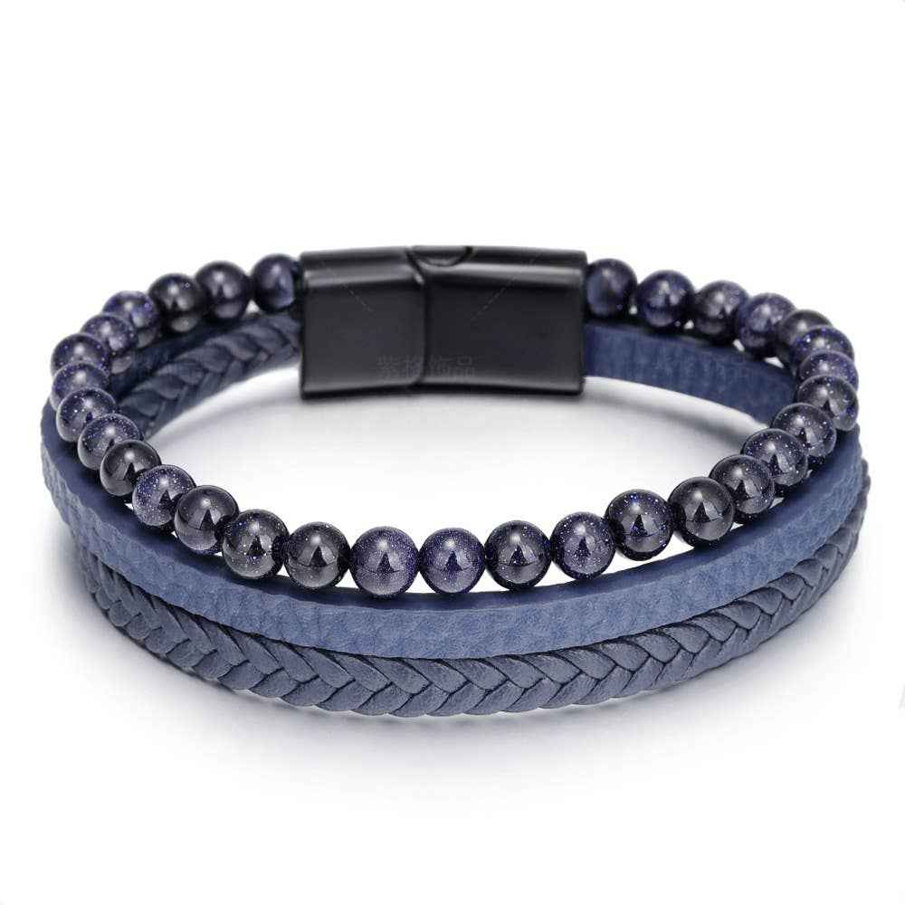 Gemstone Men's Leather Bracelets - Blue