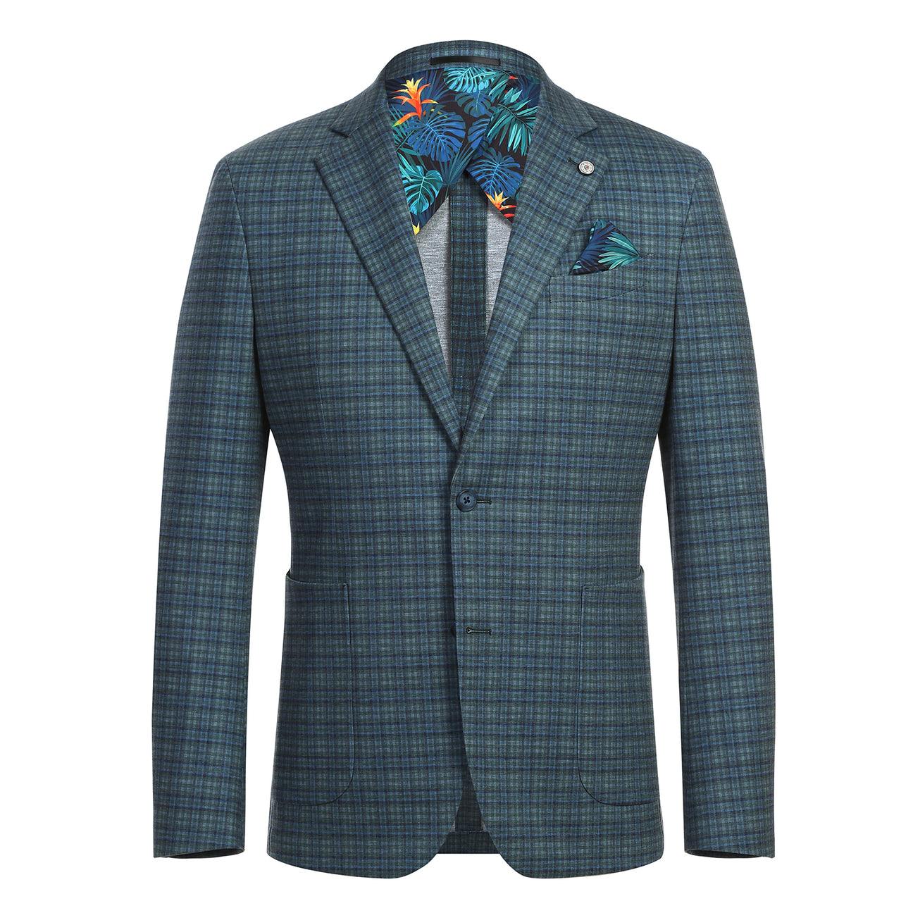 Slim fit Jordon Pellagio Riserva Jacket in blue plaid with notched lapel and floral inner lining