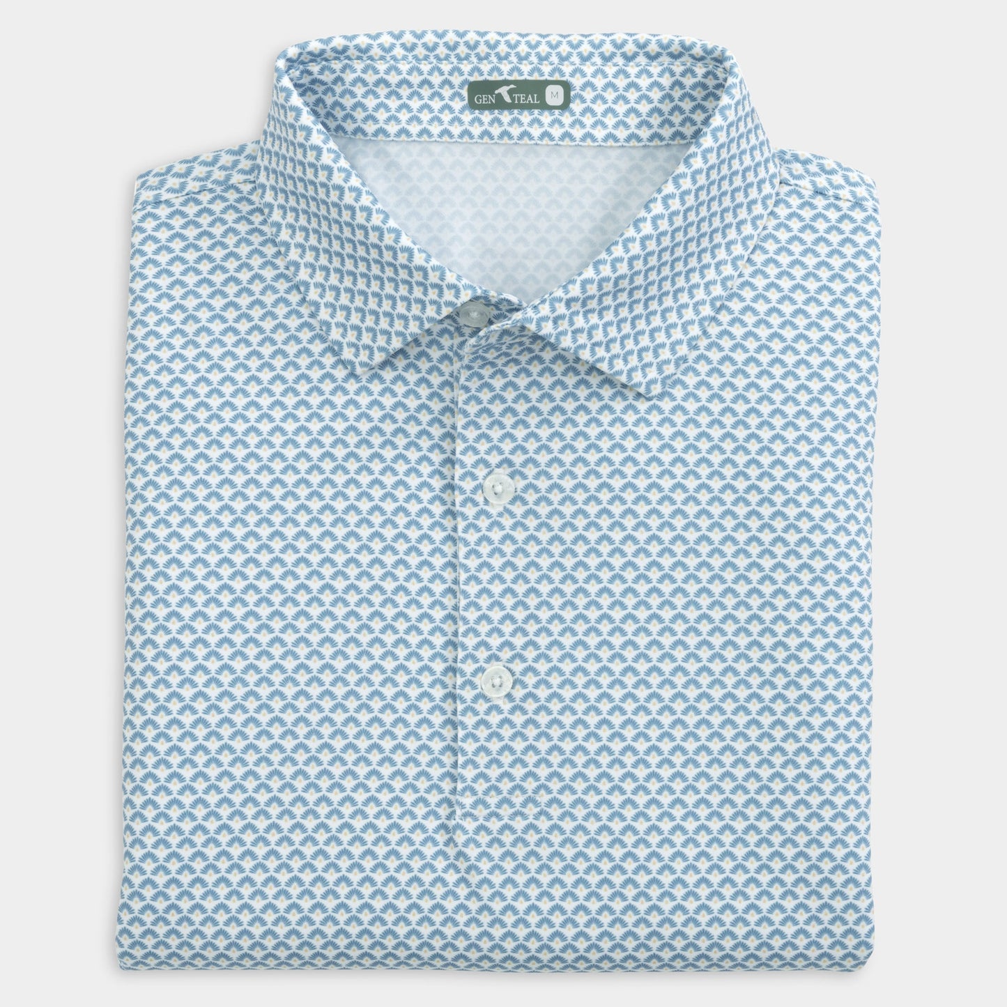 GenTeal Blue Agave Printed Polo with unique pattern, moisture-wicking fabric, and collar stays.