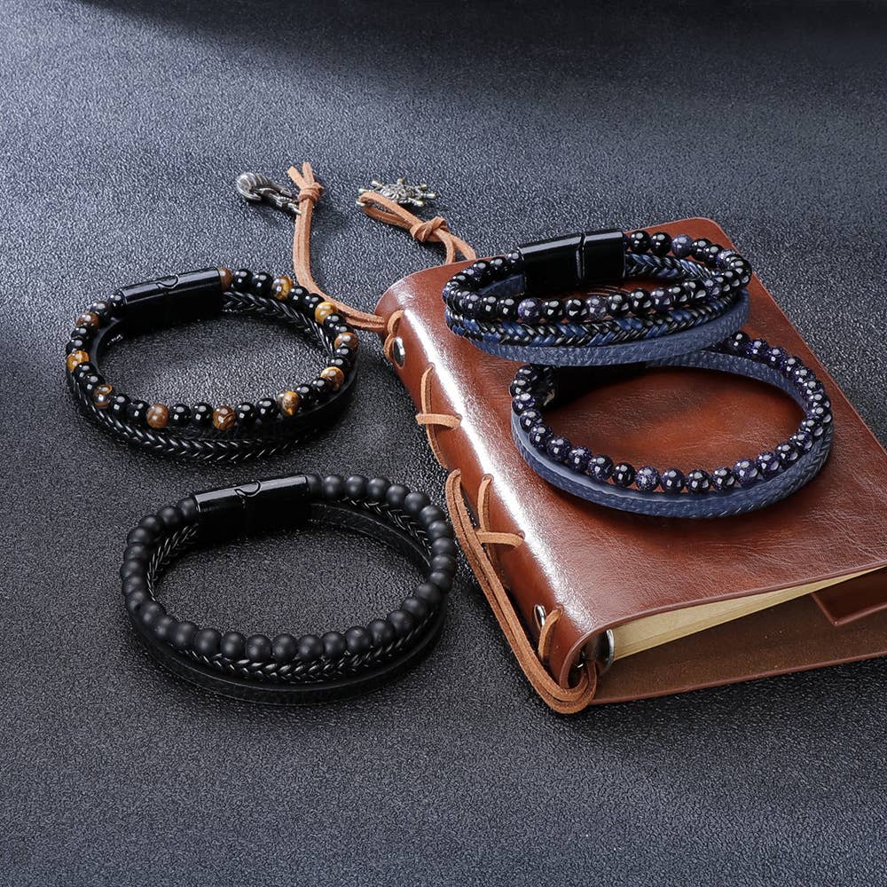 Gemstone Men's Leather Bracelets - Tigers Eye