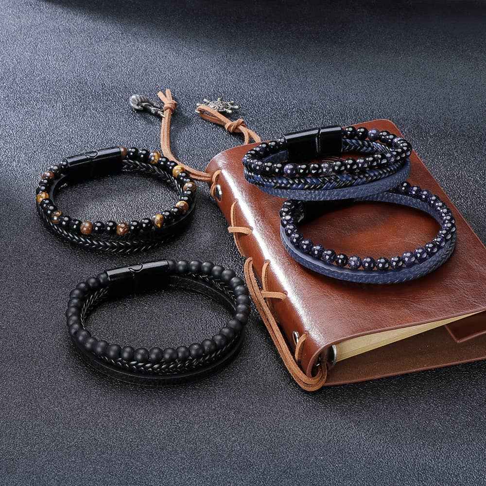 Gemstone Men's Leather Bracelets - Black Marble