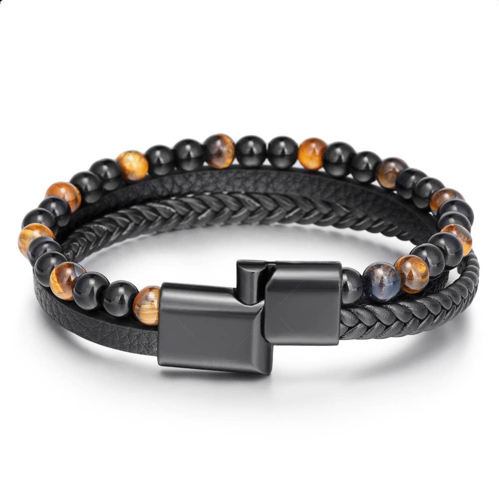 Gemstone Men's Leather Bracelets - Tigers Eye