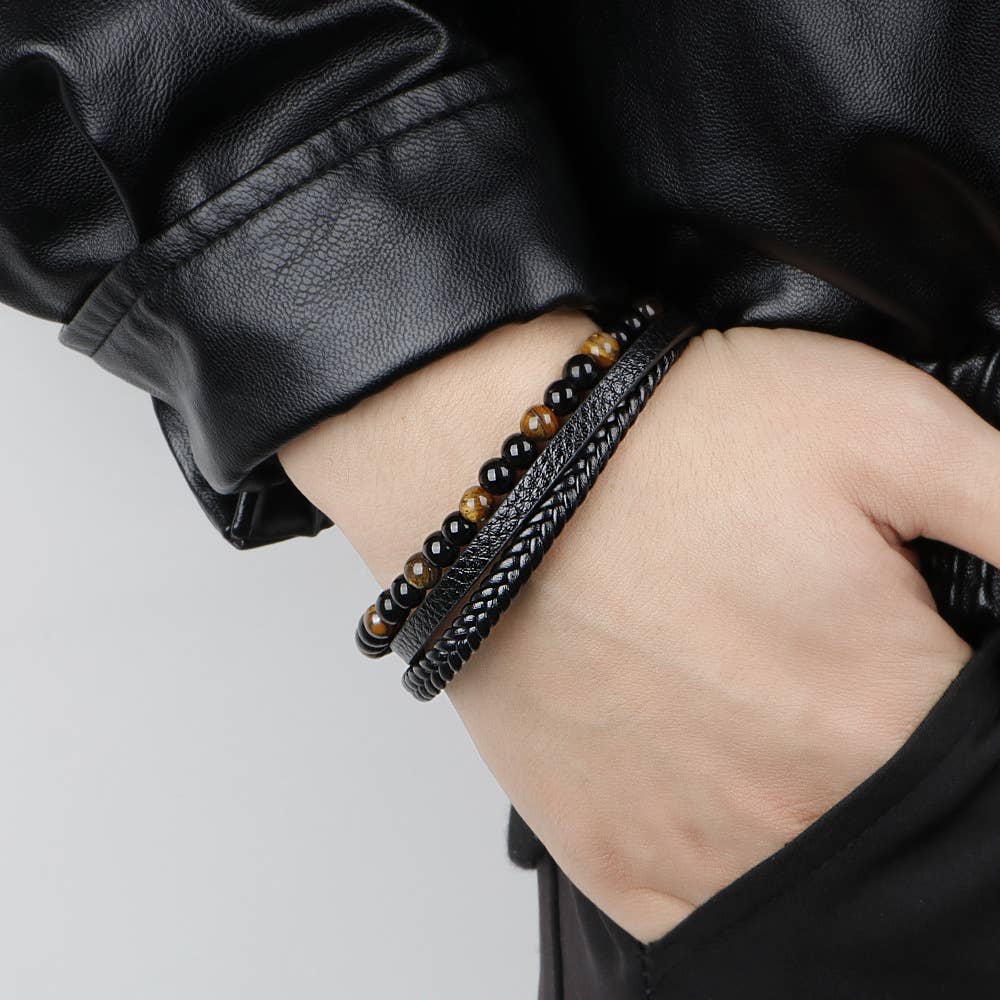 Gemstone Men's Leather Bracelets - Tigers Eye