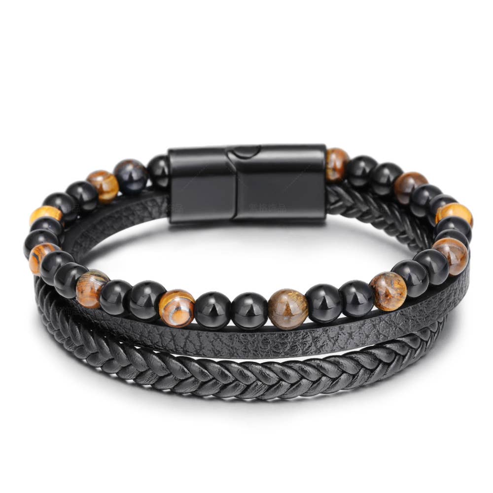 Gemstone Men's Leather Bracelets - Tigers Eye