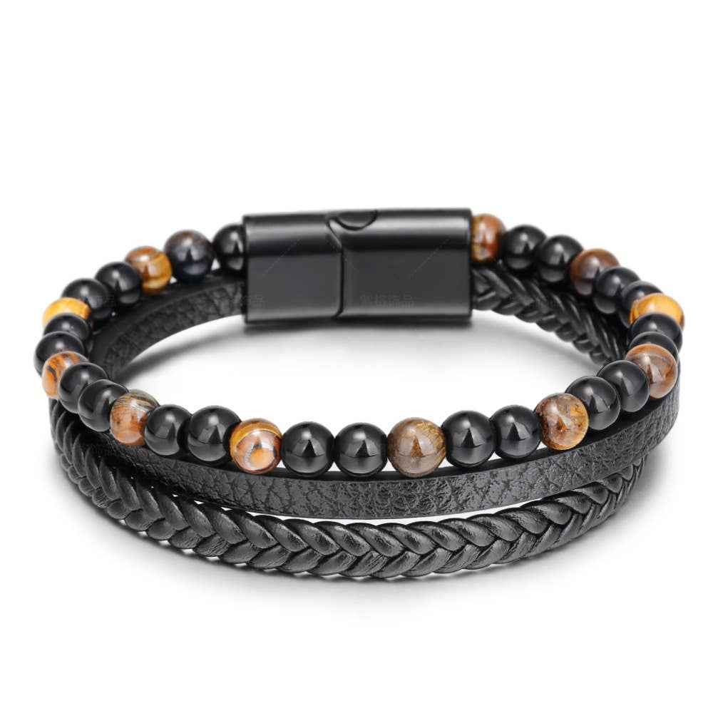 Gemstone Men's Leather Bracelets - Tigers Eye