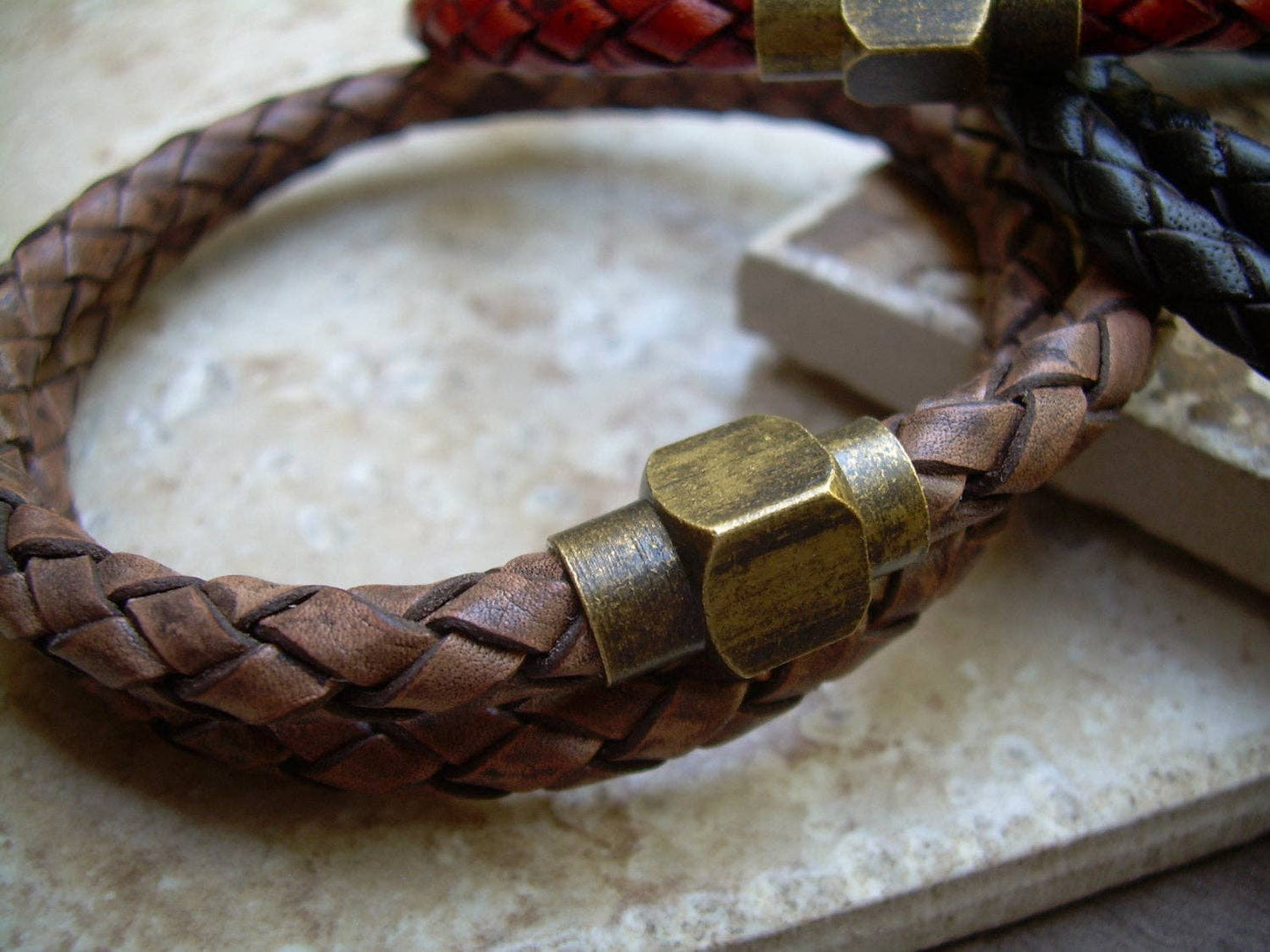 Braided Leather Bracelet - Light Brown Braid / Fits a wrist of 7
