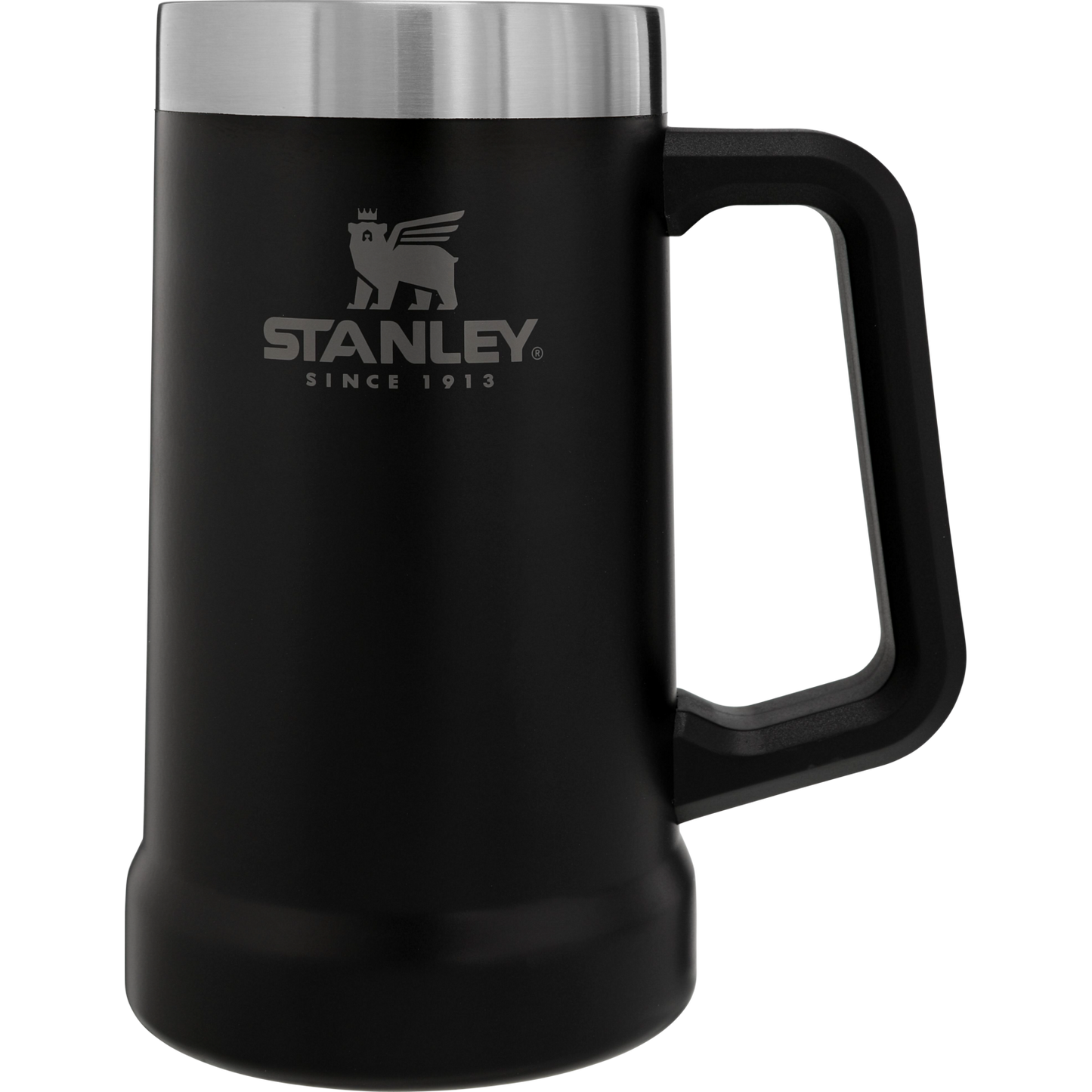 Matte black stainless steel Big Grip Beer Stein with sturdy handle, 24 oz capacity.