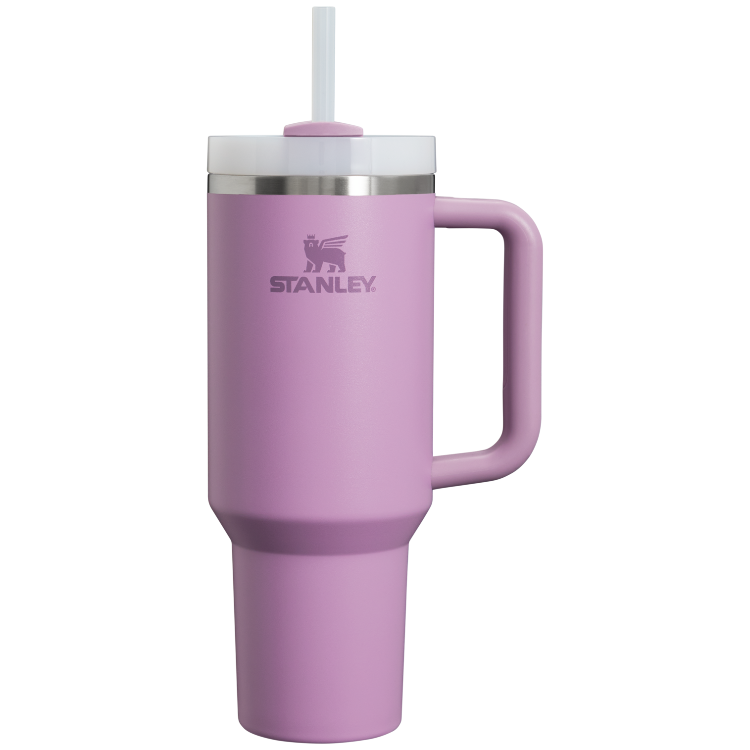 Lilac Stanley Quencher H2.0 Flowstate Tumbler, 40 oz, with handle and straw, ideal for on-the-go hydration.