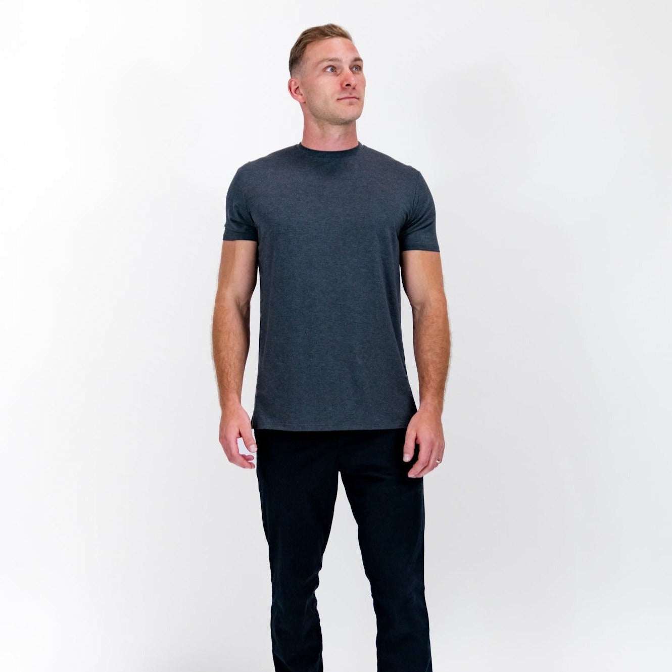 Charcoal grey Leo tee by Pillar Athletics, ultra-soft, lightweight, breathable fabric, tailored fit, and moisture-wicking for athleisure and everyday wear.