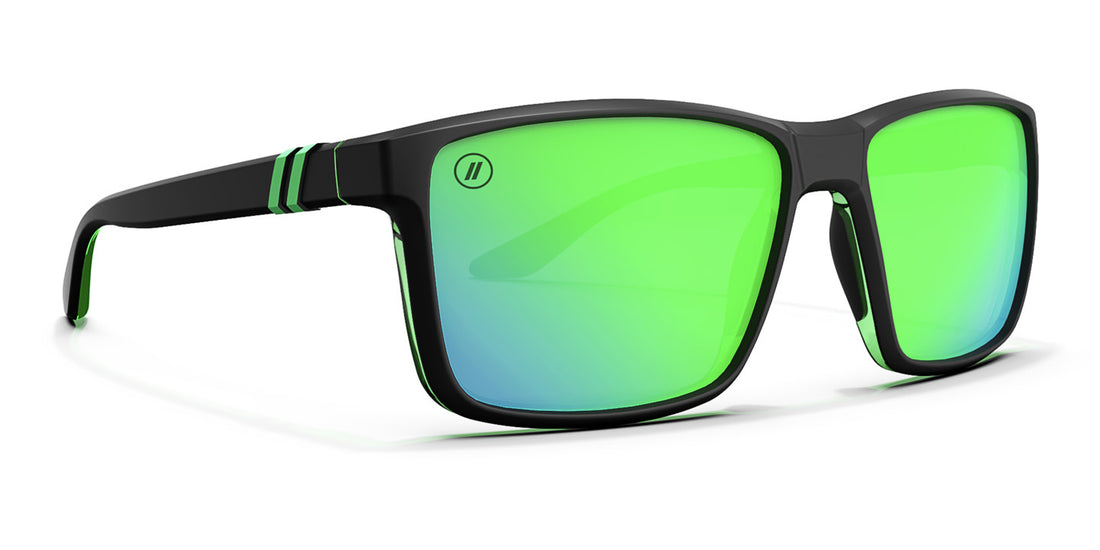 Blenders Mesa Alpine Moon sunglasses, matte black frame, green lenses.