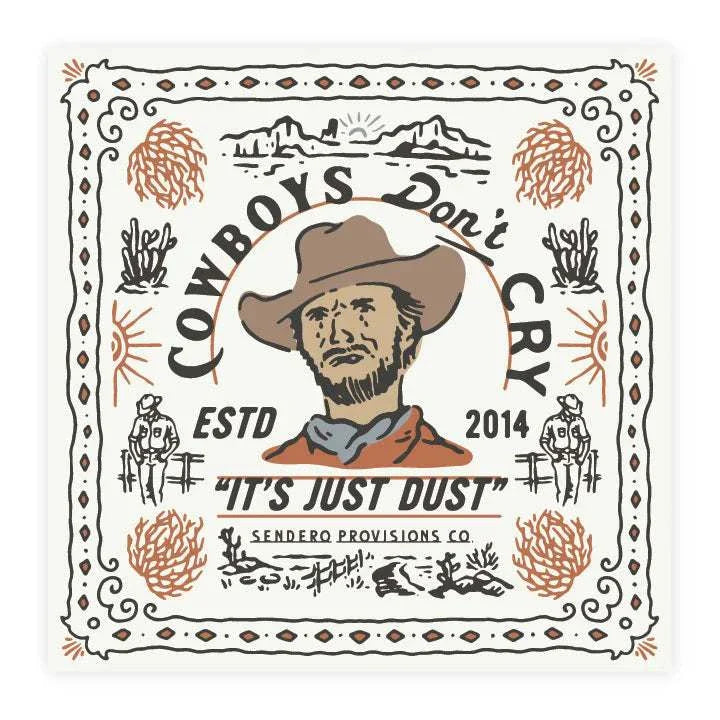 Sendero Cowboys Don't Cry bandana featuring vintage cowboy illustration and western desert design.