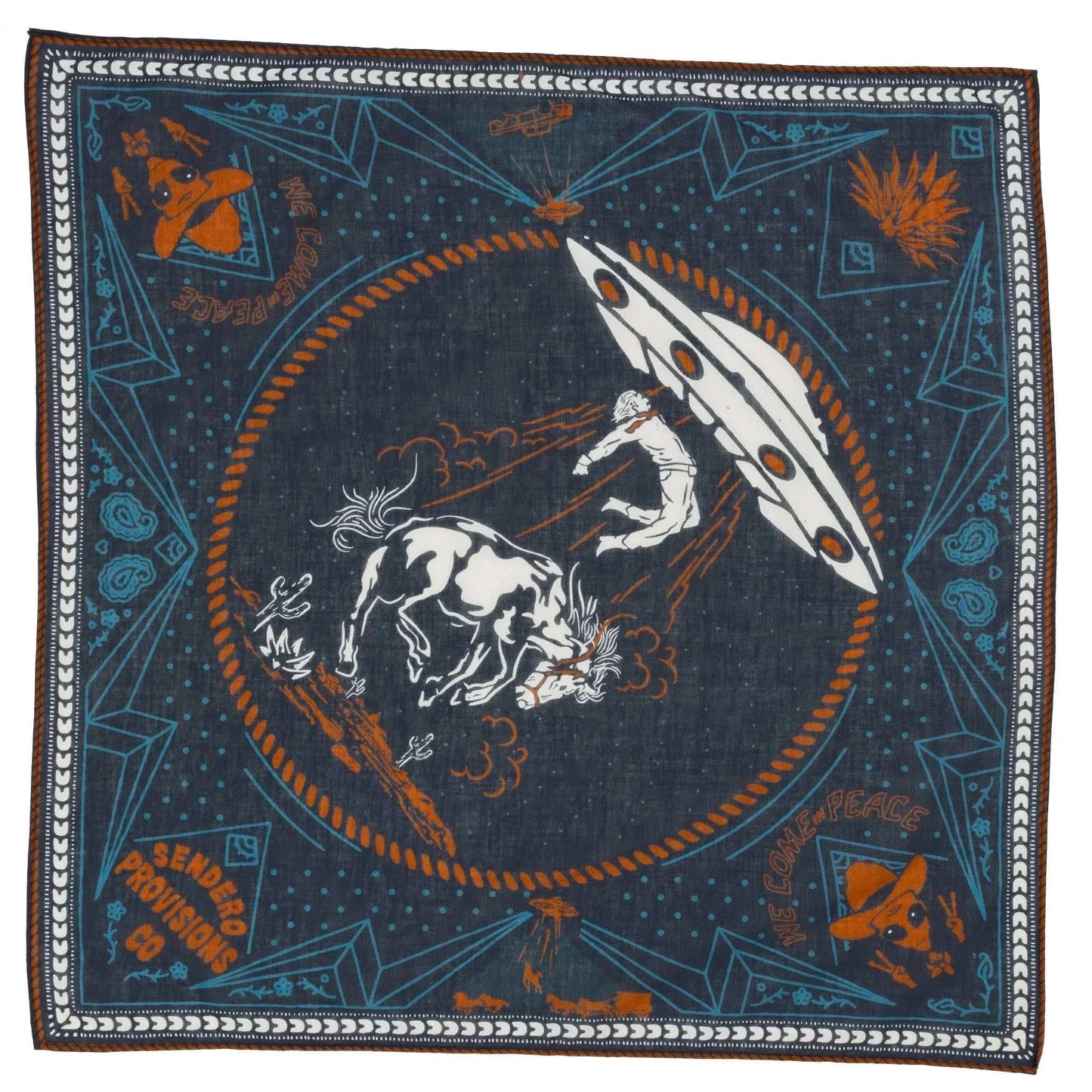Sendero Charros bandana with cowboy and alien abduction design, 100% organic cotton, 23.18x23.18 inches, lightweight and silky smooth print