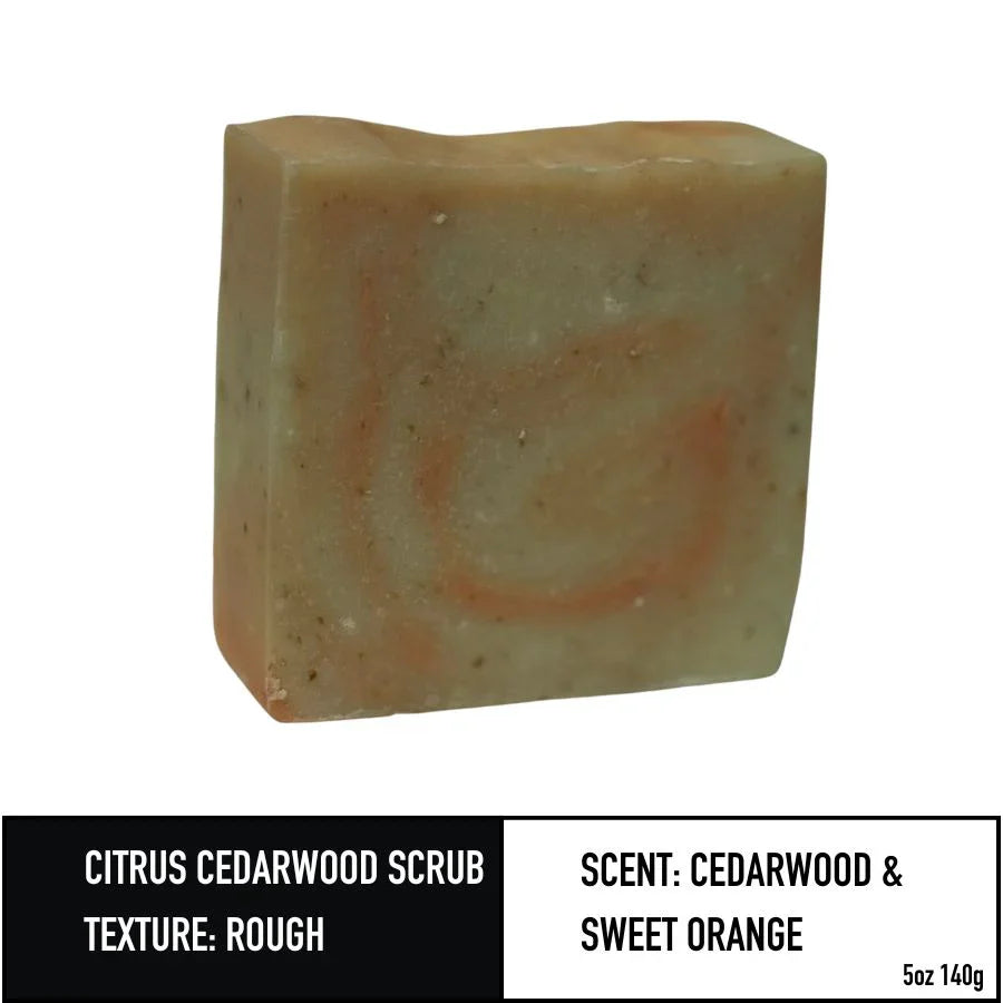 Citrus Cedarwood Scrub Soap with rough texture and cedarwood, sweet orange scent.