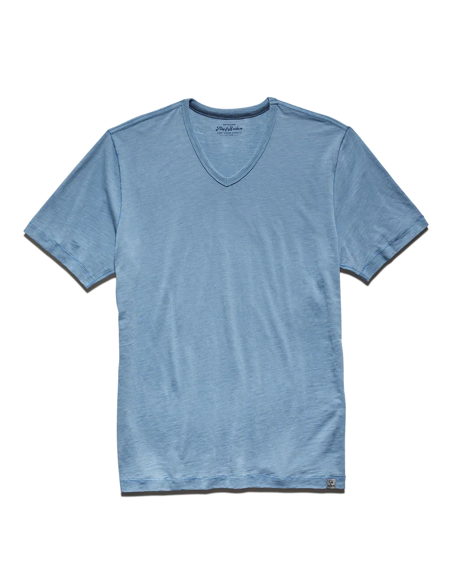 Light blue V-neck tee by Flag and Anthem made from soft slub cotton blend fabric.