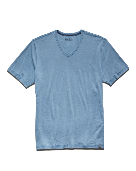Light blue V-neck tee by Flag and Anthem made from soft slub cotton blend fabric.