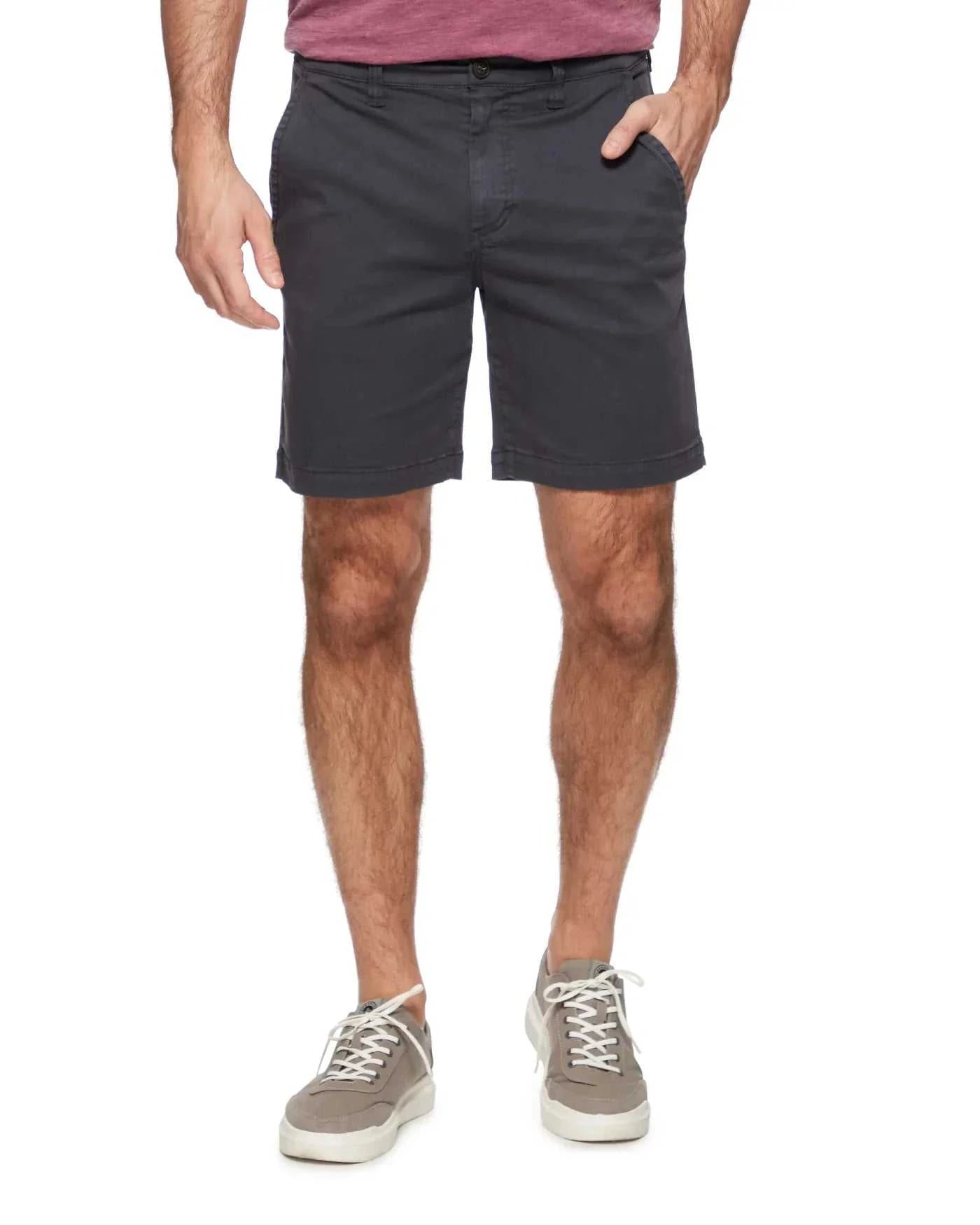 Flag and Anthem charcoal Catskill short with straight leg, angled front pockets, and back welt pockets.