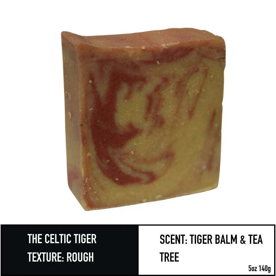 Celtic Tiger Soap with rough texture and Tiger Balm & tea tree scent, 5oz bar.