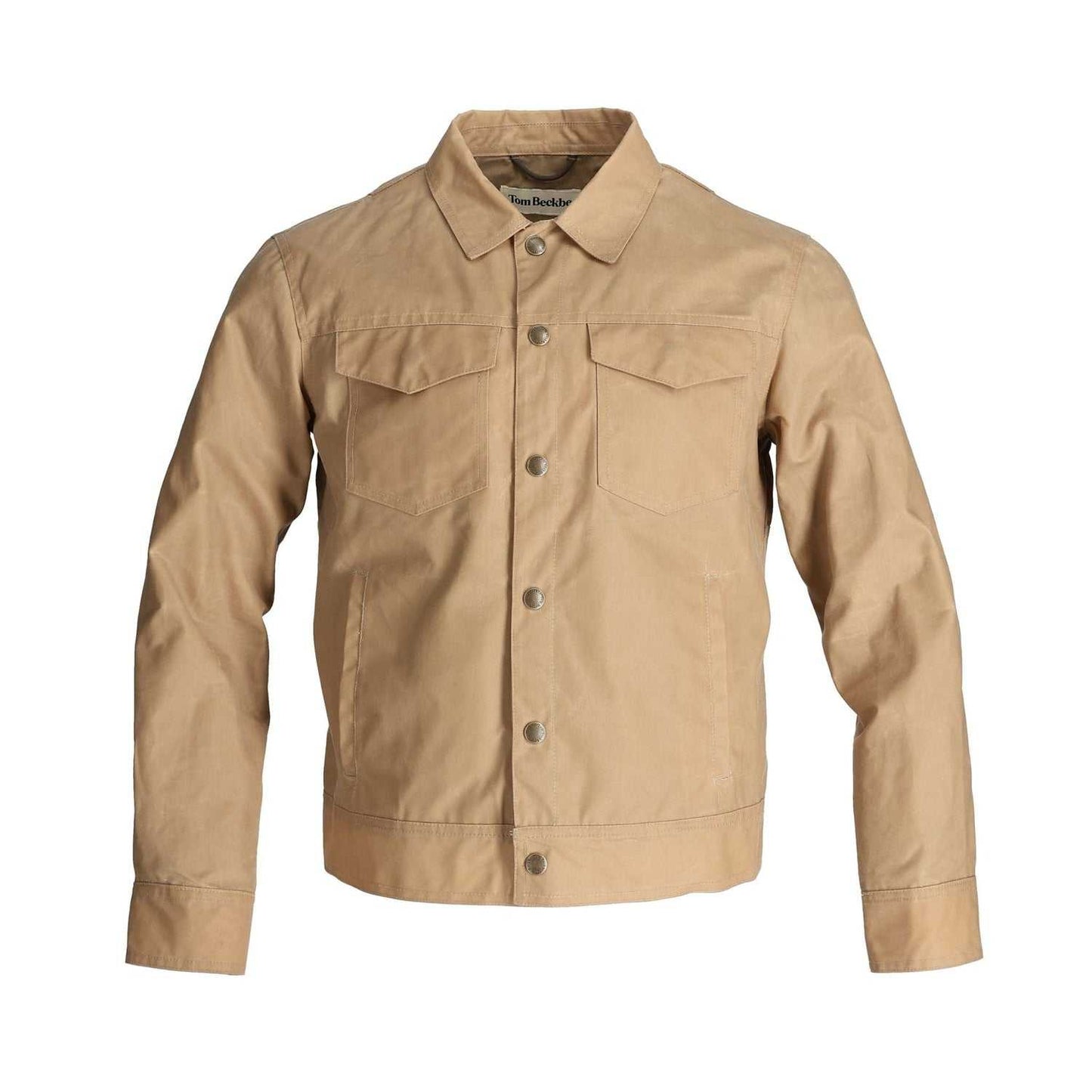 Tom Beckbe Chatom Waxed Jacket in wheat color, featuring a classic fit, durable 8oz waxed canvas, chest pockets, and bi-swing back.