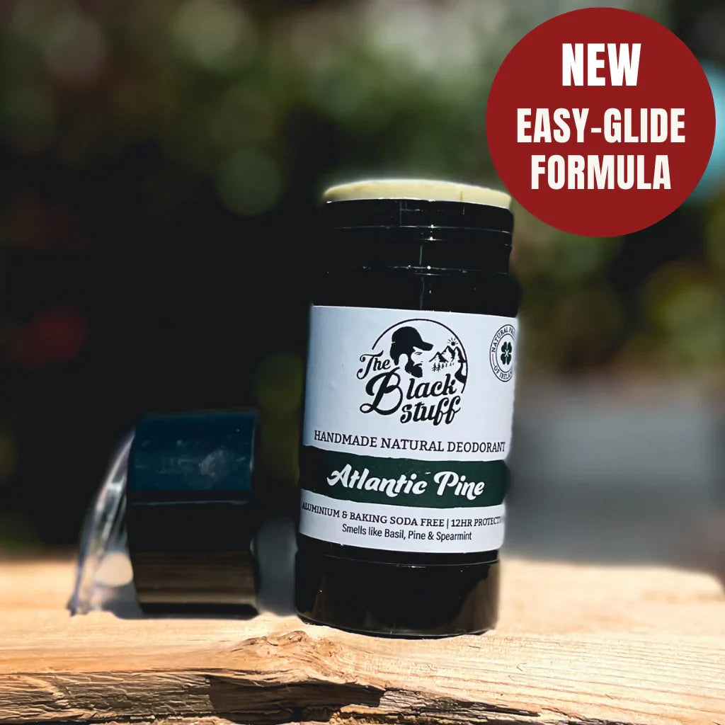 Atlantic Pine Natural Deodorant with easy-glide formula, featuring scents of basil, spearmint, and pine.
