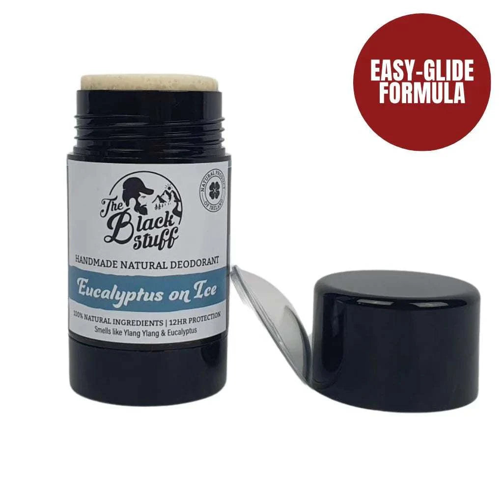 Eucalyptus on Ice natural deodorant stick with easy-glide formula and essential oils.