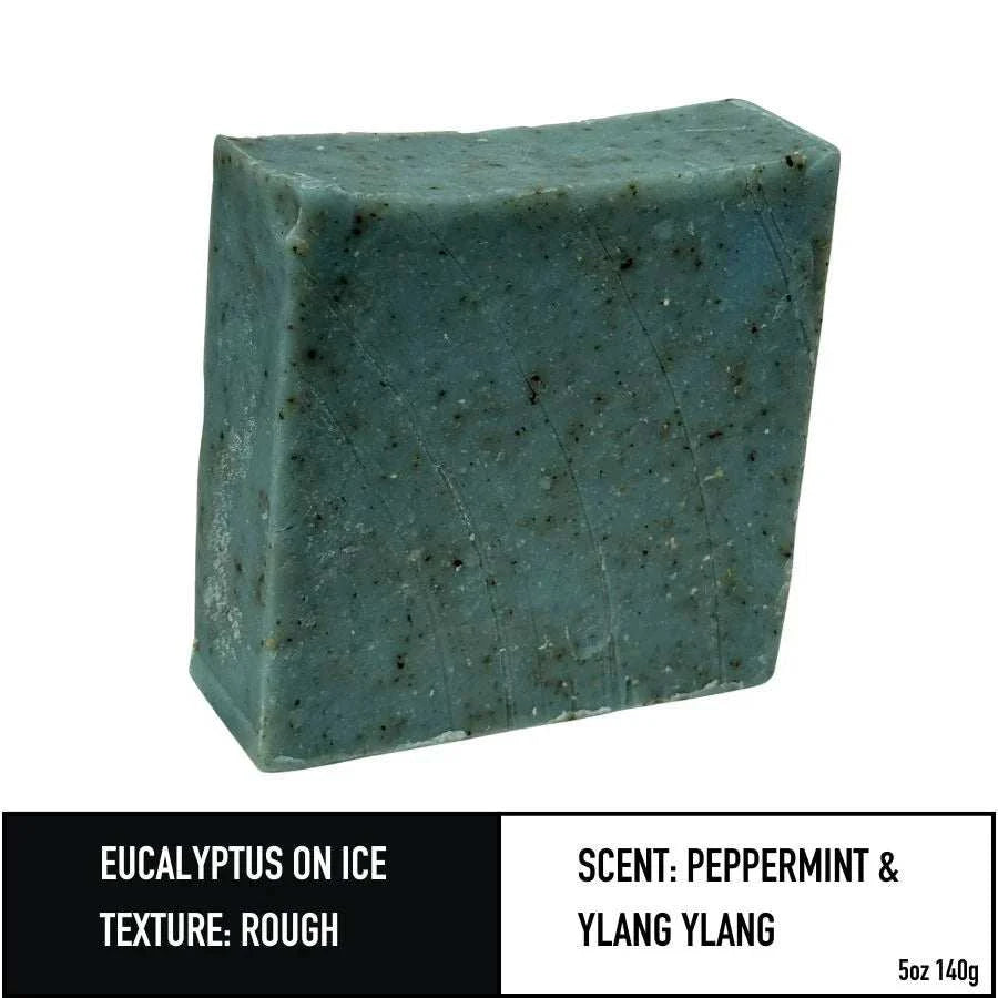 Eucalyptus on Ice soap bar with rough texture, peppermint and ylang ylang scent.