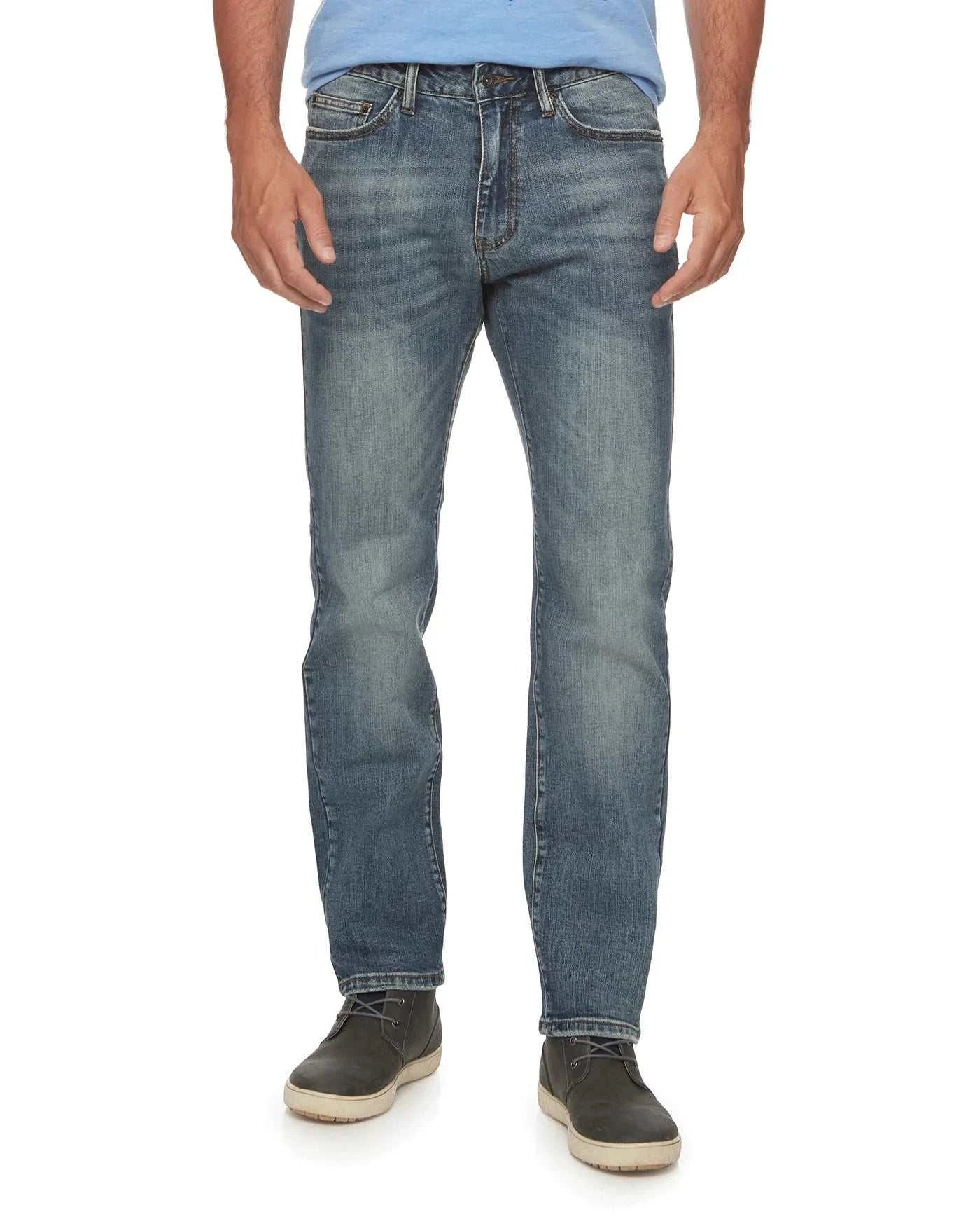 Flag and Anthem Nashville Straight Vienna Jeans in medium wash, featuring a classic 5-pocket design and logo details.