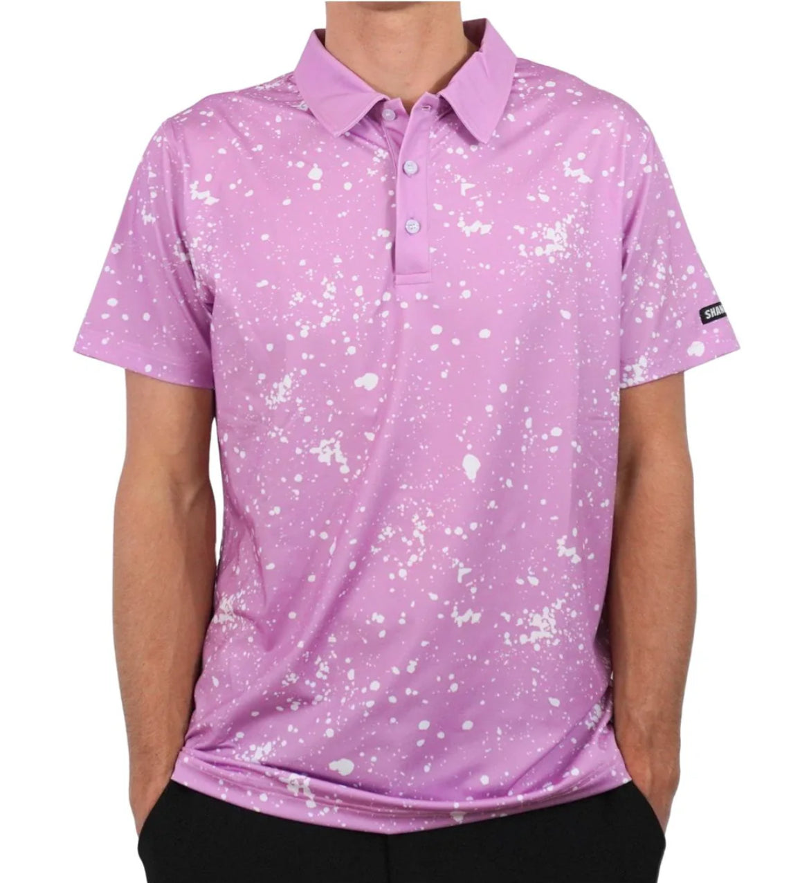 Shankit Purple Paint Polo with splatter design.
