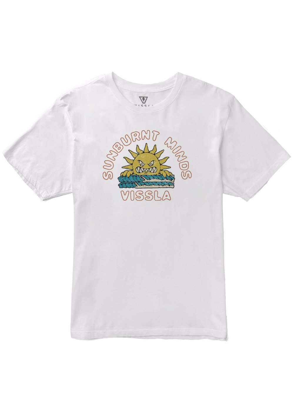 Vissla Cooked Organic Tee with sunburnt minds graphic on white organic cotton fabric.