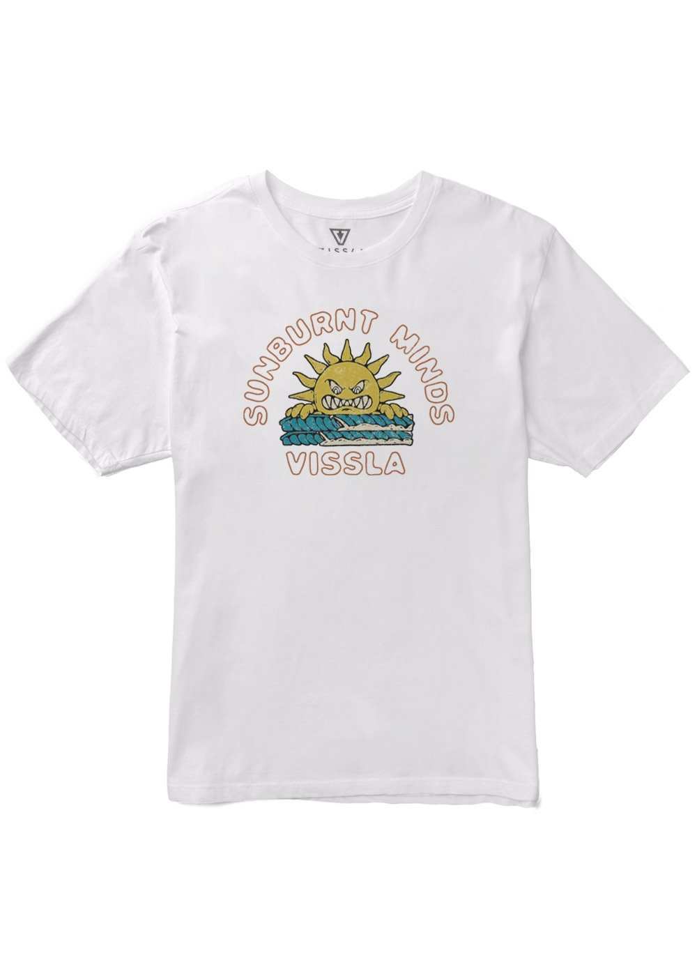 Vissla Cooked Organic Tee with sunburnt minds graphic on white organic cotton fabric.