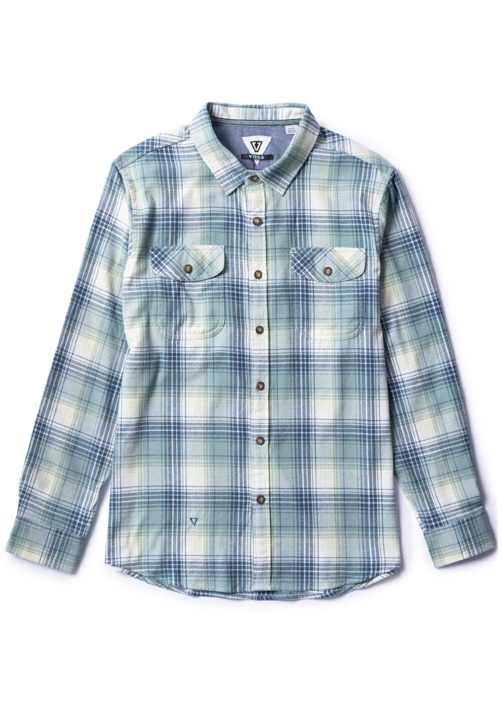 Vissla Central Coast Eco long sleeve flannel shirt in smokey jade plaid pattern.