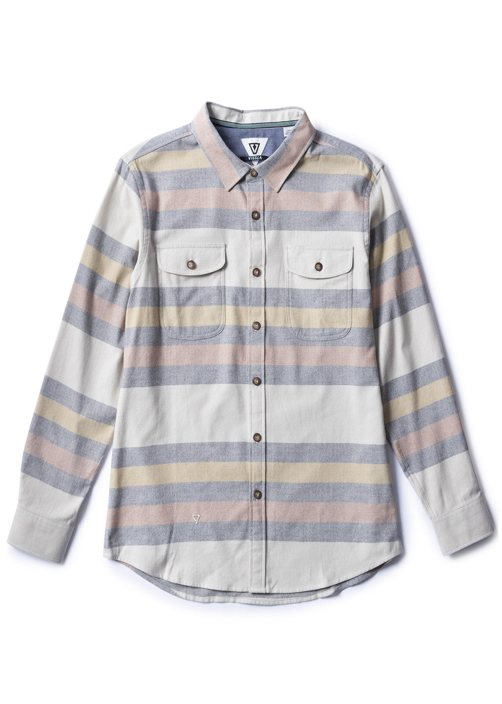Vissla Central Coast Eco LS Flannel Shirt in bone color with front chest pocket, made from 100% organic cotton.