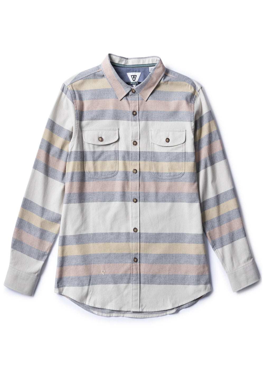 Vissla Central Coast Eco LS Flannel Shirt in bone color with front chest pocket, made from 100% organic cotton.