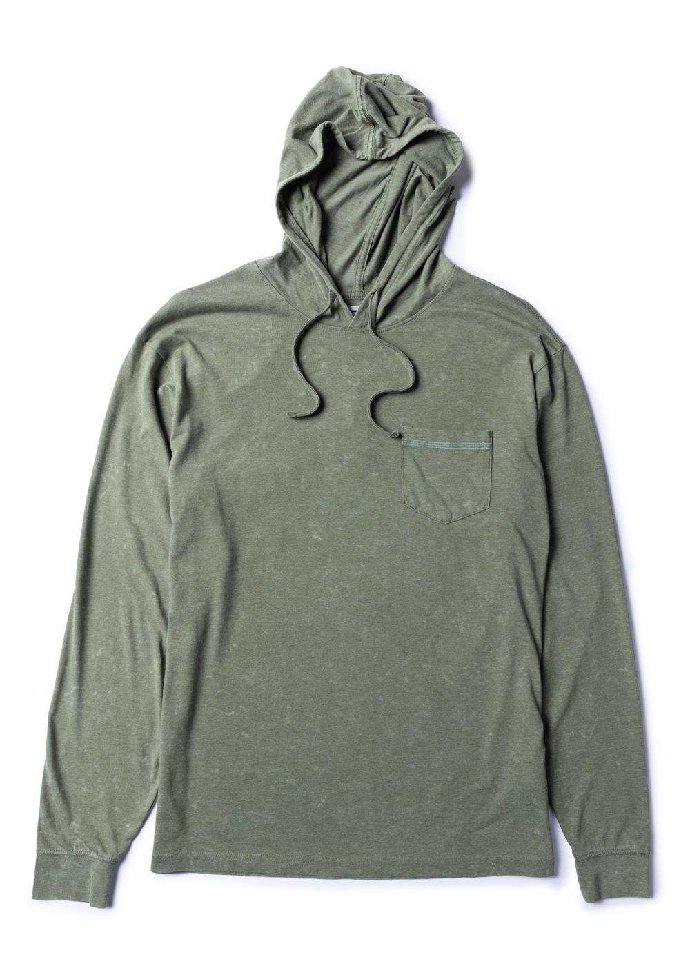 Knit pullover with hood in green distressed acid wash, chest pocket, and contrast stitching.