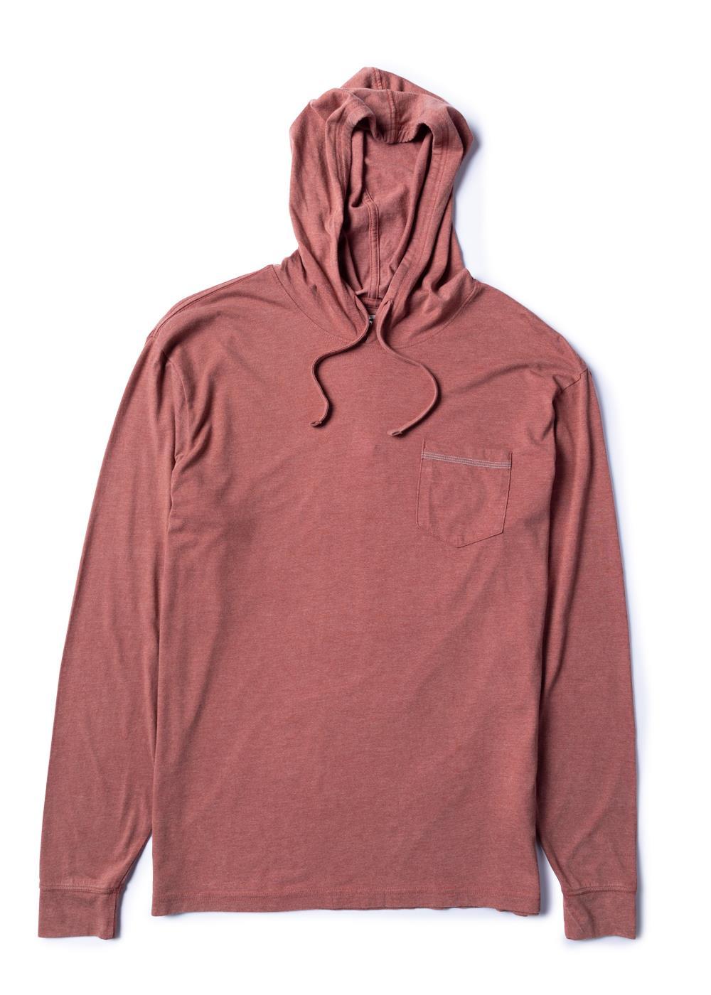 Knit pullover in fired brick color with hood and chest pocket.