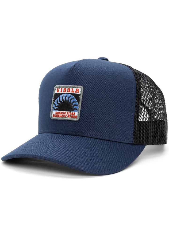 Eco-friendly Vissla Solid Sets trucker hat with unique embroidery patch, recycled mesh, and adjustable snapback.