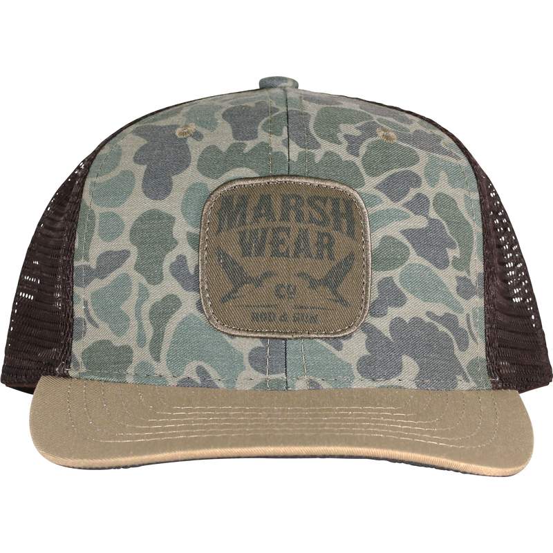 Green camo trucker hat with patch front logo and adjustable snapback closure.