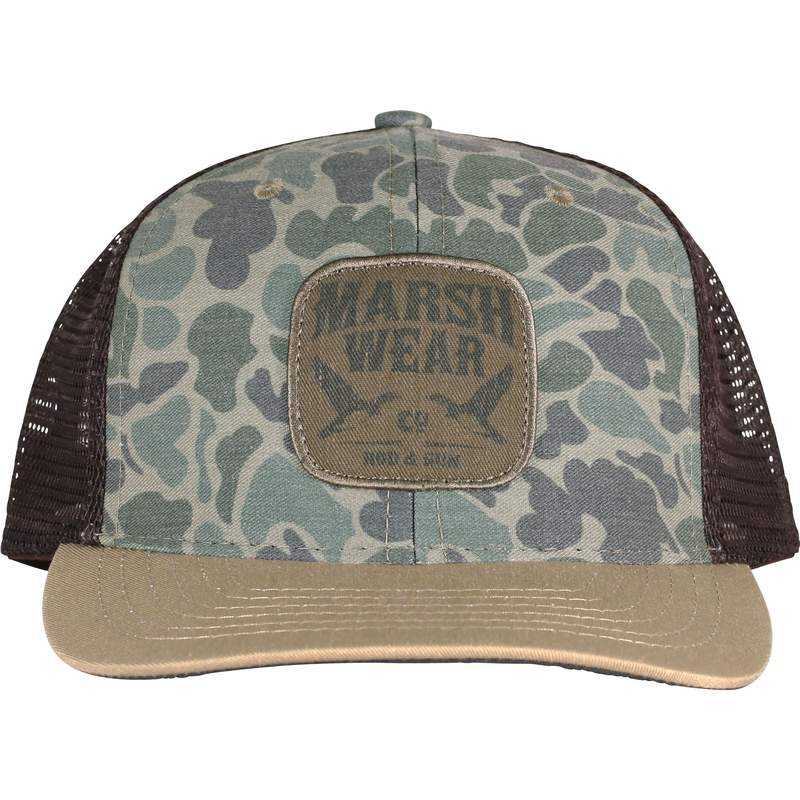 Green camo trucker hat with patch front logo and adjustable snapback closure.