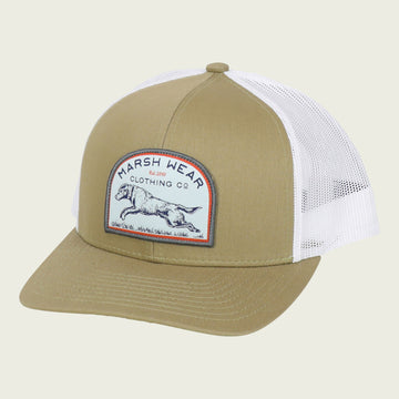 Marsh Wear Khaki Retrieve Trucker Hat with white mesh back.