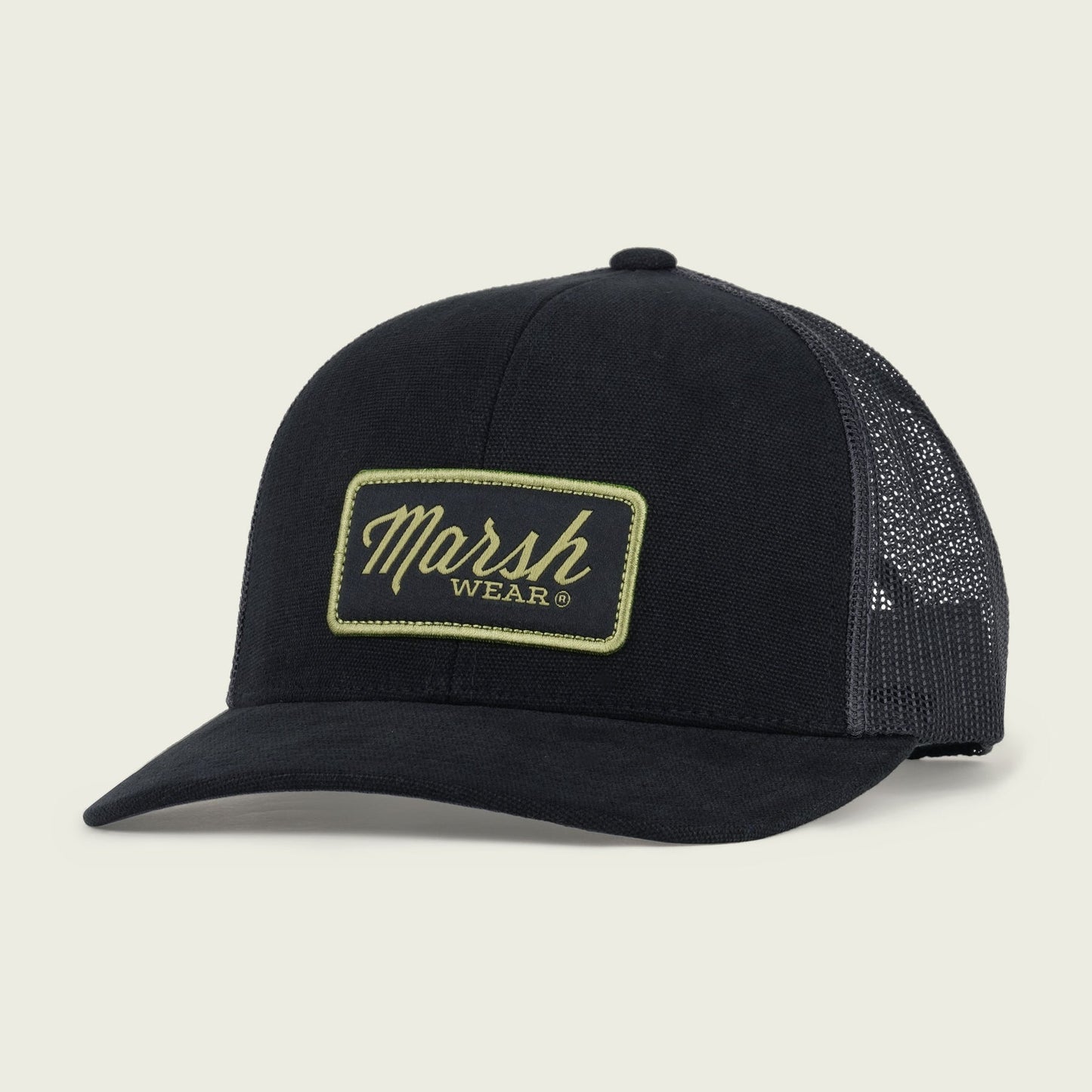 Black Marsh Wear Script Trucker Hat with patch logo and adjustable snapback.
