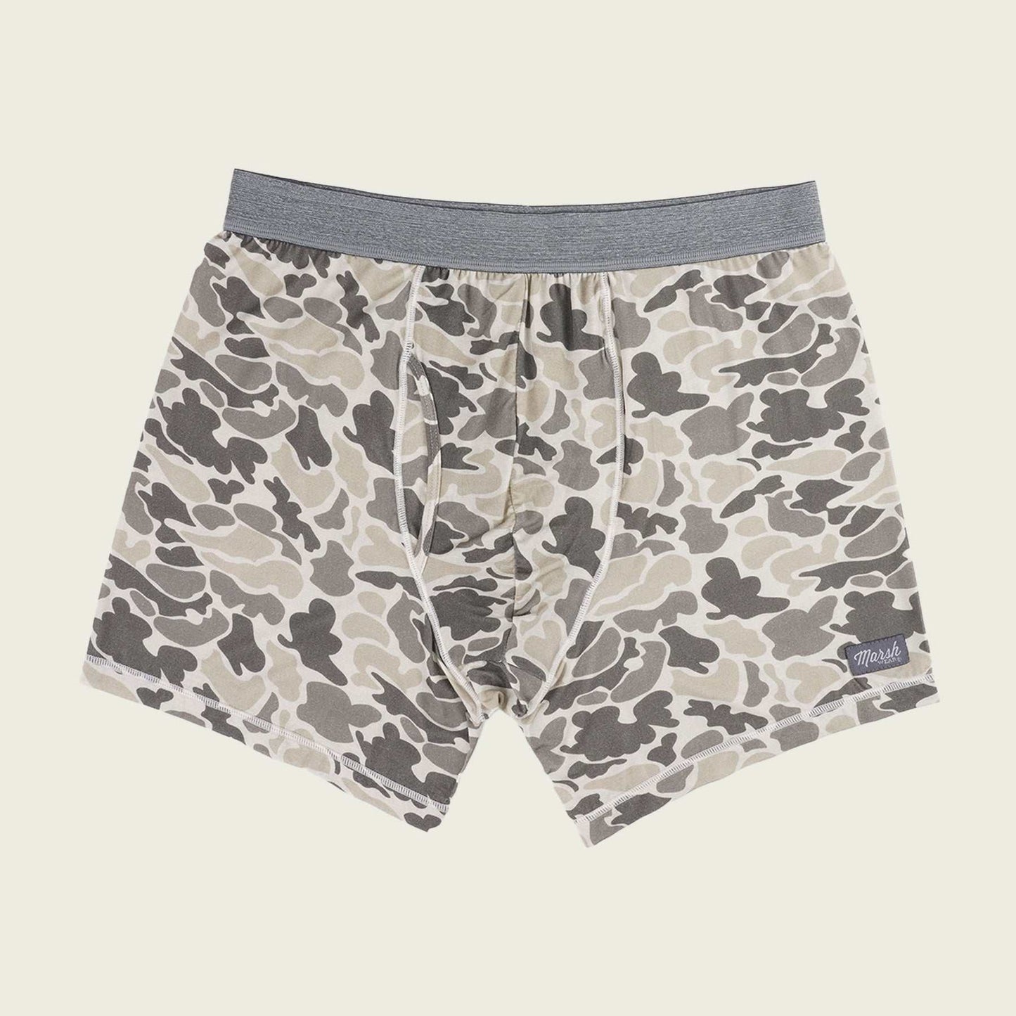 Marsh Buxton Brief Boxers in stone camo pattern, breathable performance knit.