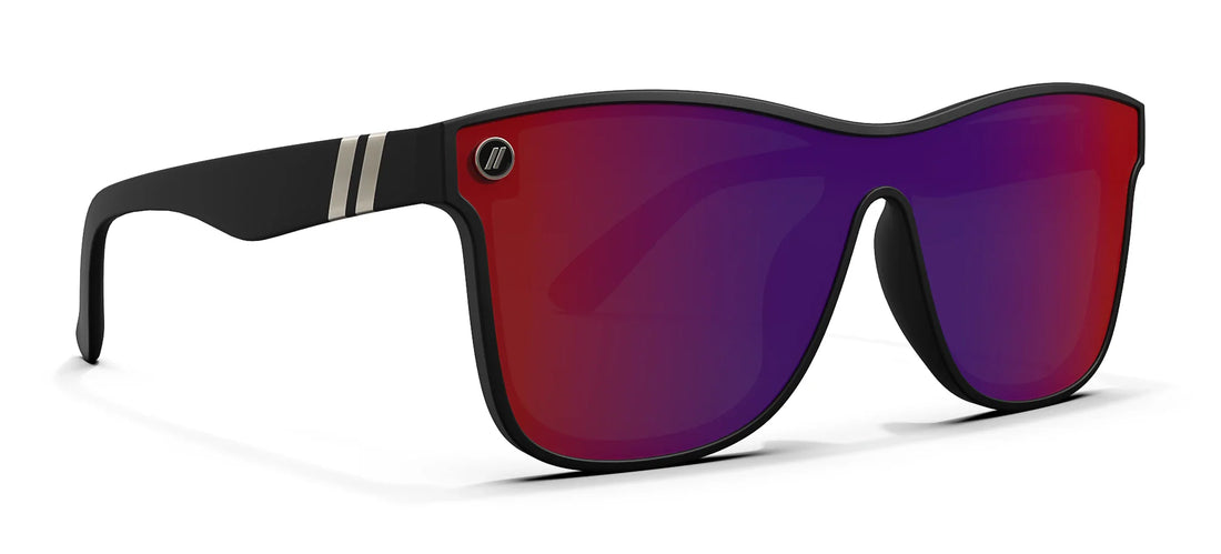 Blenders Millenia X2 Sunglasses with dark red mirrored lenses, matte black frame, and gunmetal accents.