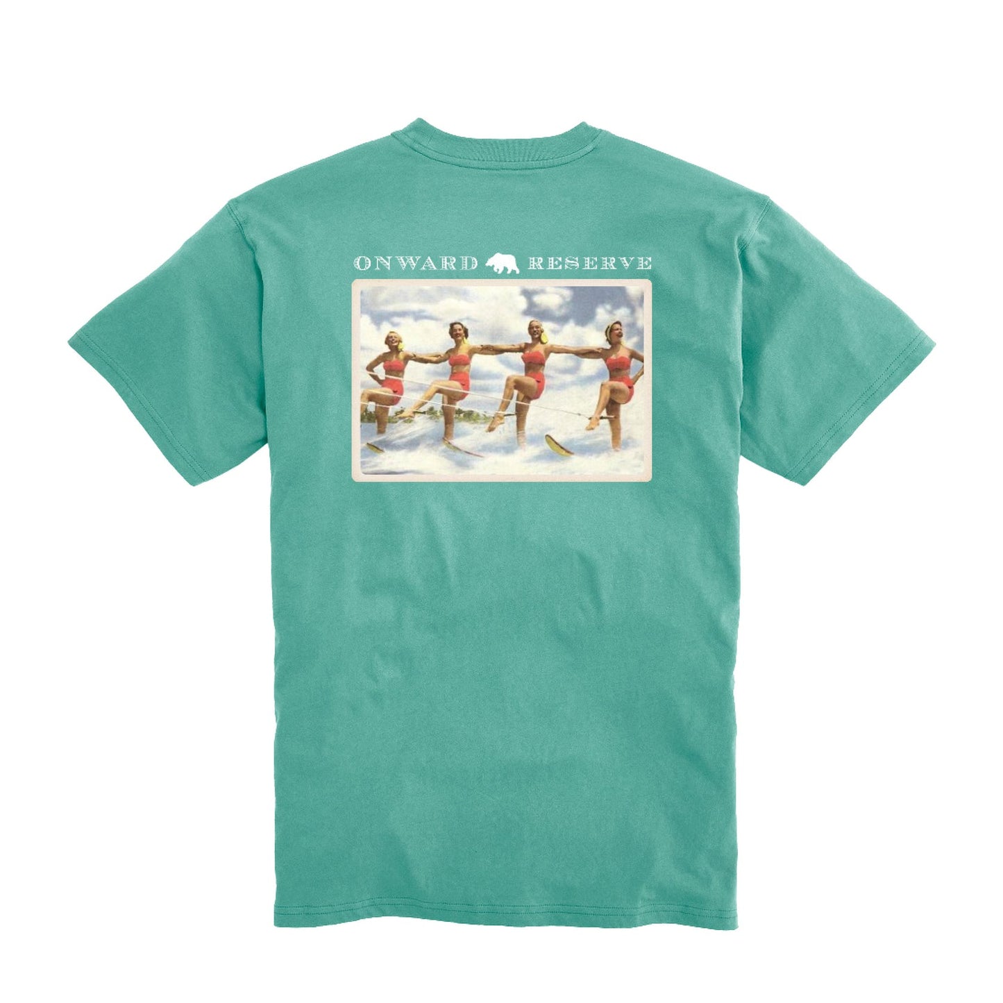 Onward Reserve Vintage Ski Postcard Tee bottle green made of 100% Peruvian cotton with logo pocket
