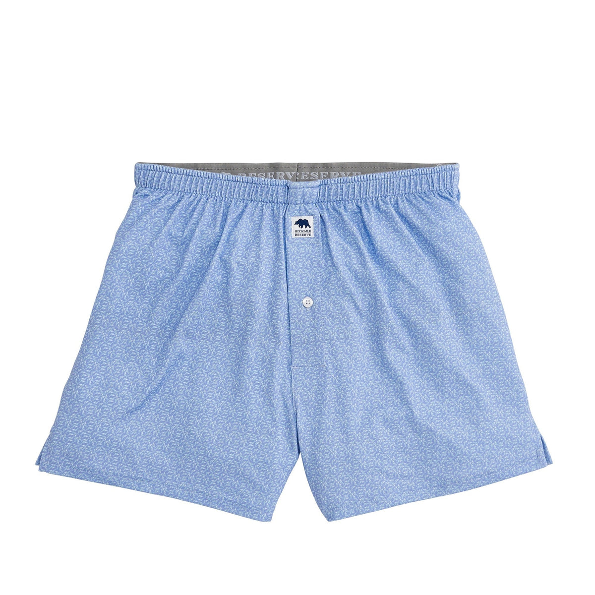 Onward Reserve performance boxer shorts in light blue, featuring a subtle white micro-pattern and button fly.