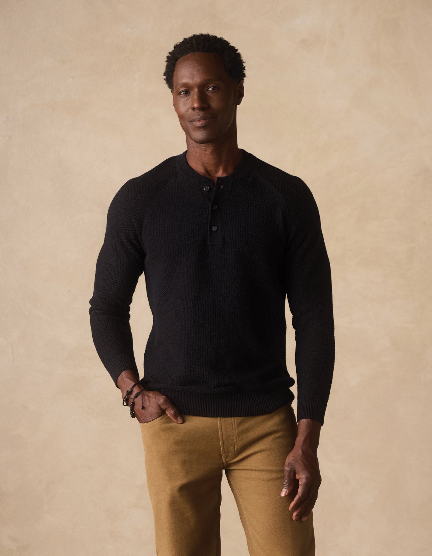 The Normal Brand COOLMAX® Textured Sweater Henley in Black