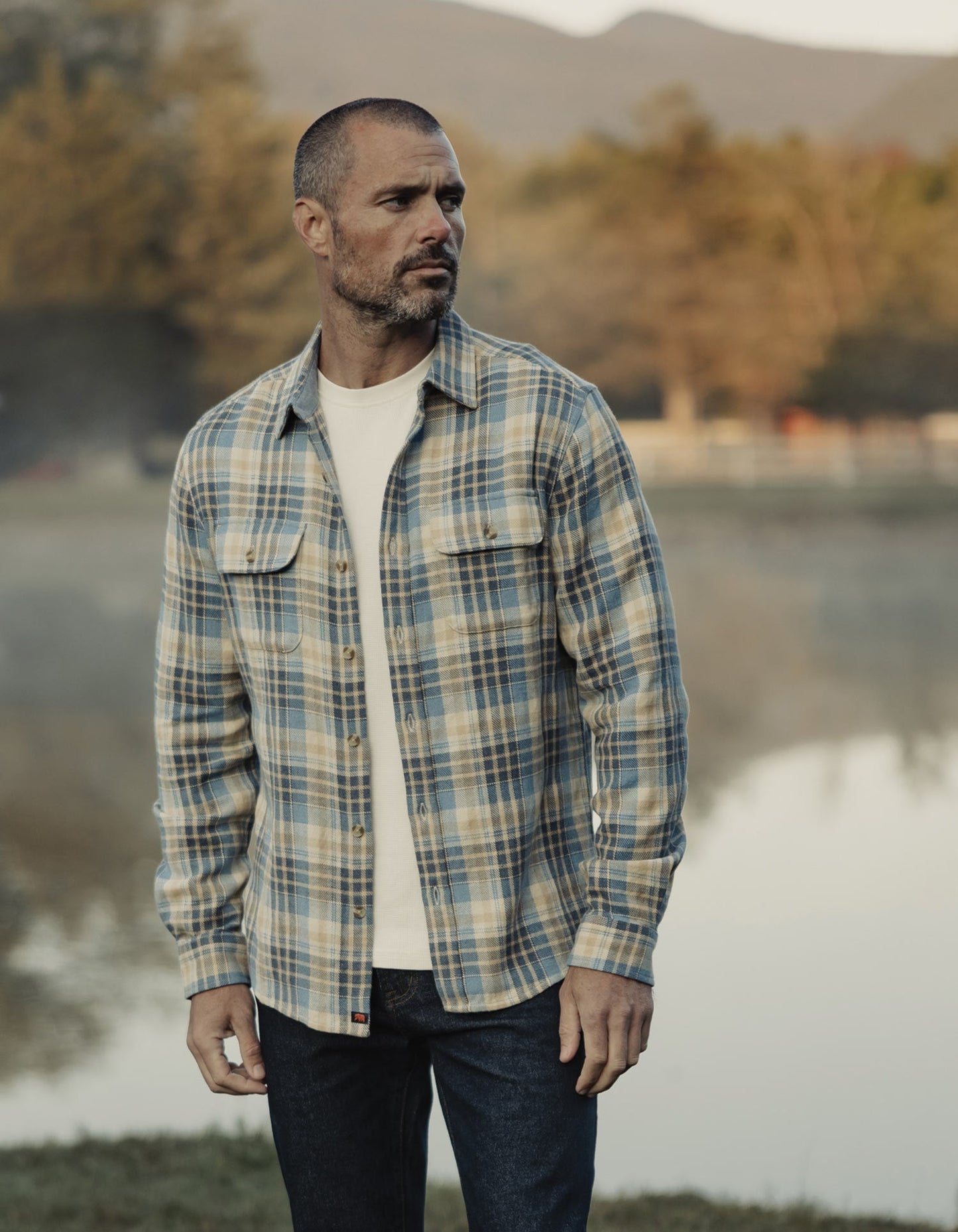 The Normal Brand Mountain Overshirt in Vintage Blue Plaid