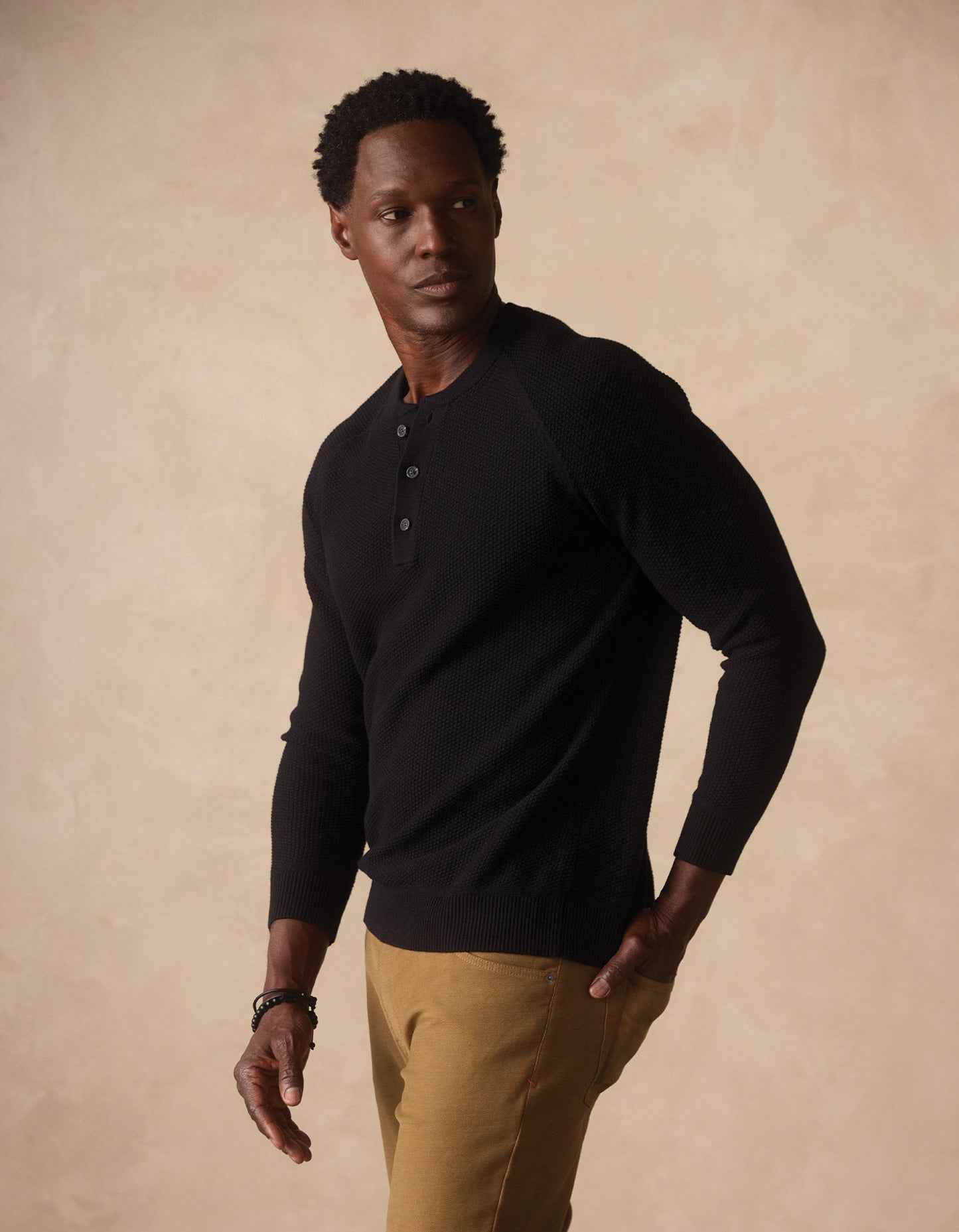 The Normal Brand COOLMAX® Textured Sweater Henley in Black