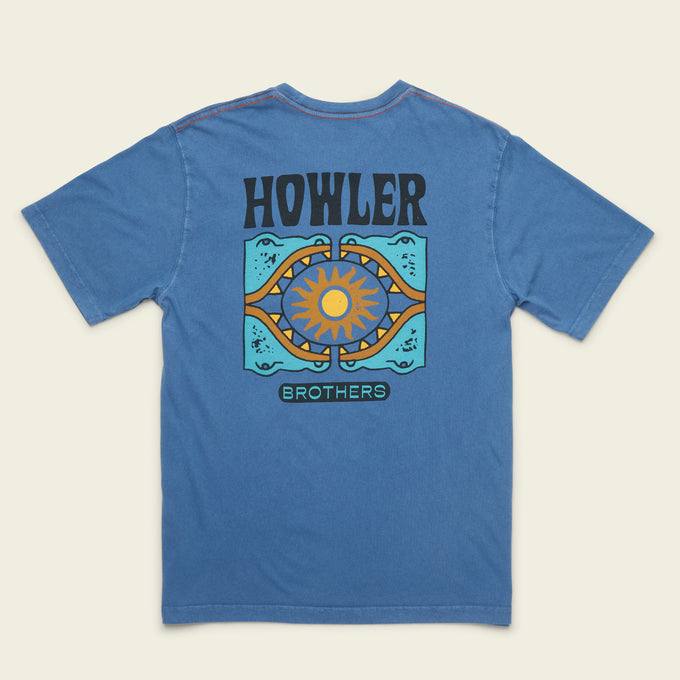 Howler Bros Sun Drinker Tee in blue with vintage-inspired artwork and soft-touch screen print.