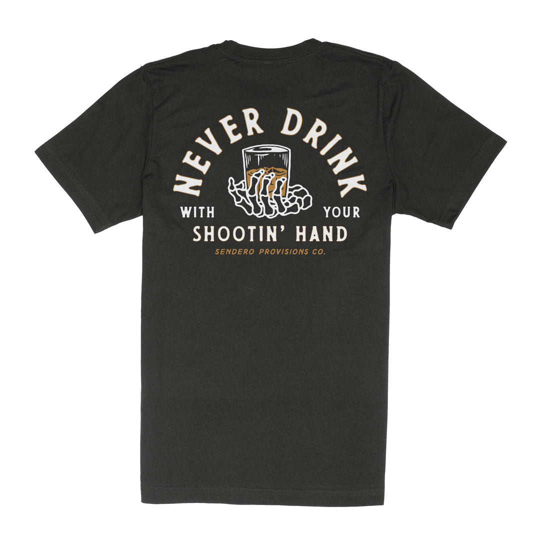 Black Sendero Shootin Hand T-Shirt featuring Old Western proverb design.