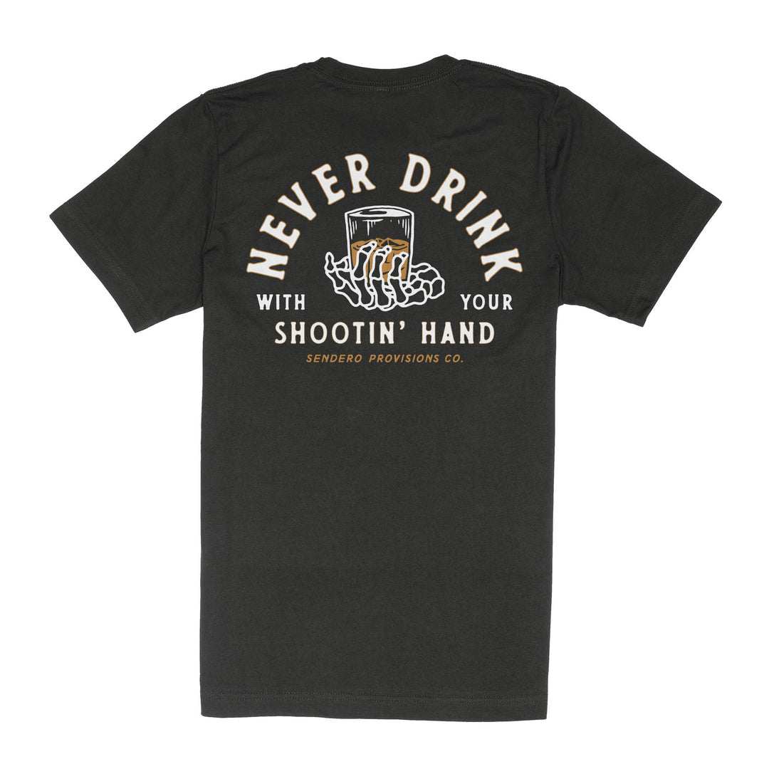 Black Sendero Shootin Hand T-Shirt featuring Old Western proverb design.